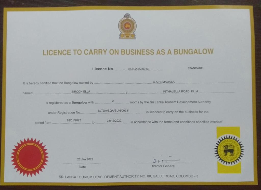 Certifikát, hodnocení, plakát nebo jiný dokument vystavený v ubytování Zircon Ella