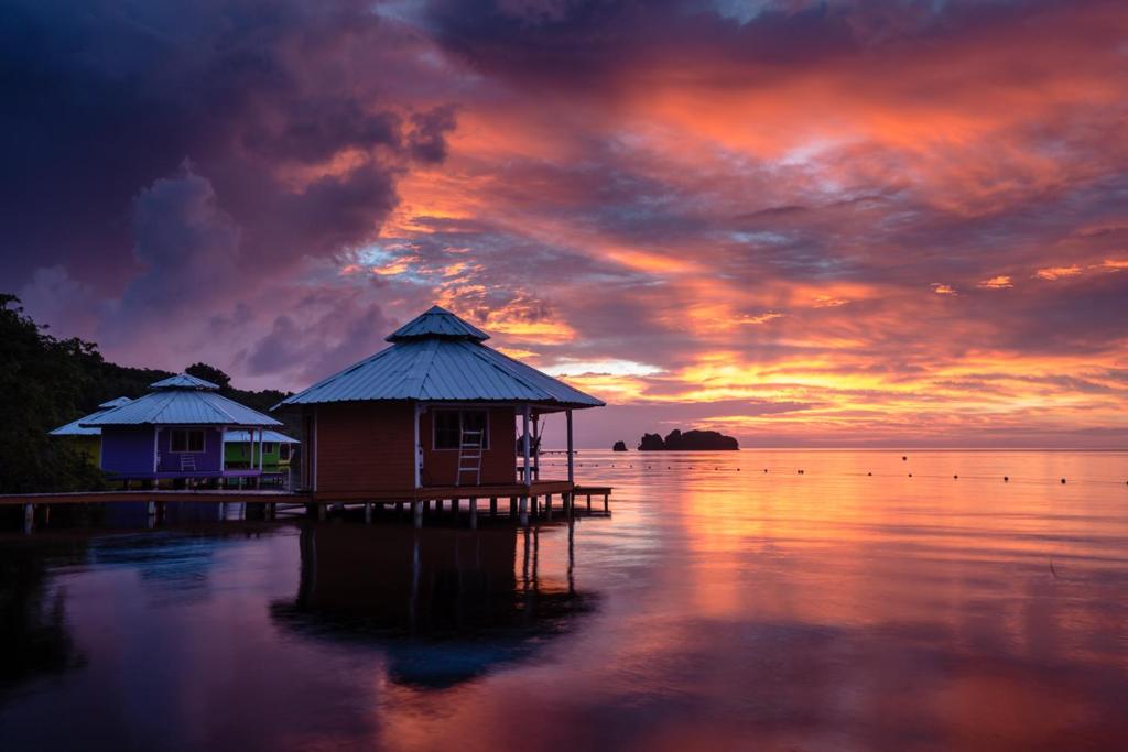 two huts on a dock in the water at sunset at Mango Creek Resort in Port Royal