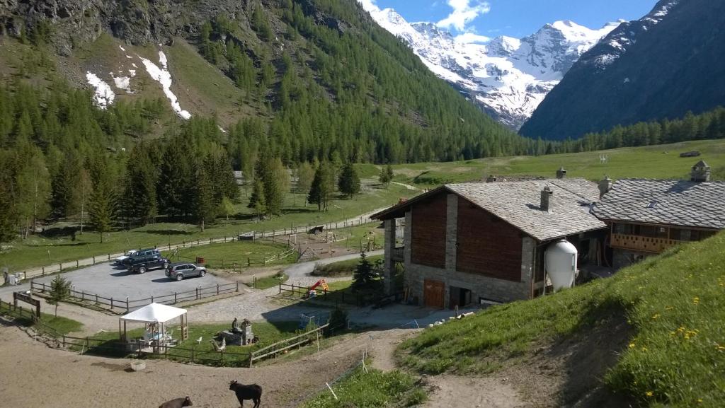 a barn in a valley with mountains in the background at La Ferme du Grand Paradis in Cogne