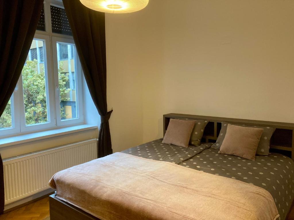 1 dormitorio con cama y ventana en Twix rooms, en Liubliana