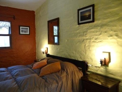um quarto com uma cama com duas almofadas em Hostel Ibirapita em La Paloma