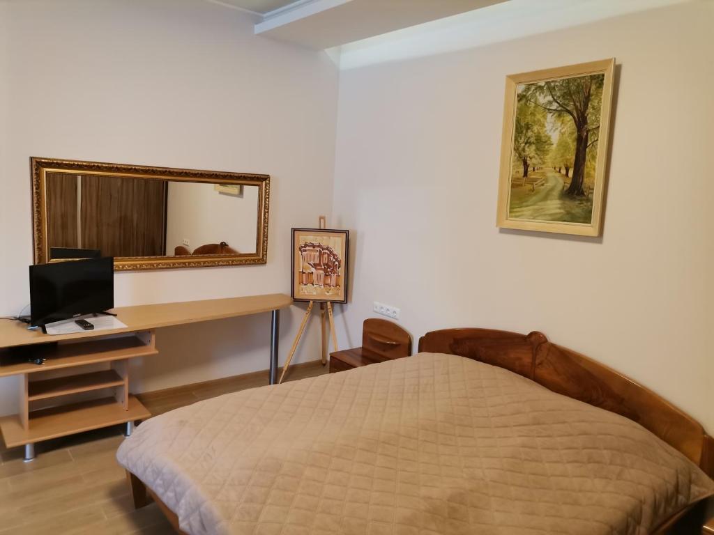 a bedroom with a bed and a desk and a mirror at Guest Apartment Monarch in Smolyan