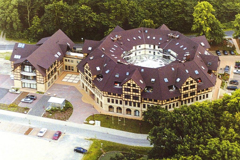 an overhead view of a large building with a large roof at Apartment in Schwerin with a shared wellness in Schwerin