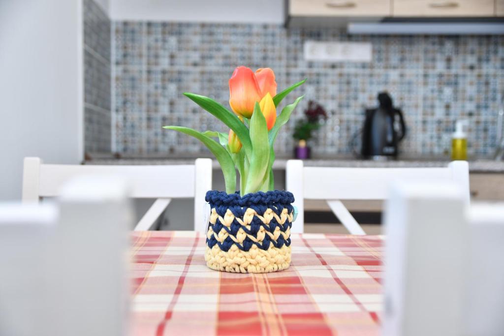 a vase filled with orange tulips sitting on a table at Föveny Apartmanok in Balatonfůzfő