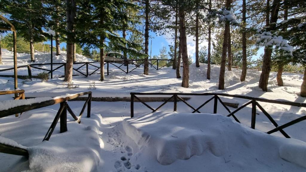 un parque cubierto de nieve con bancos y árboles en Appartamento immerso nella natura, en Frontignano