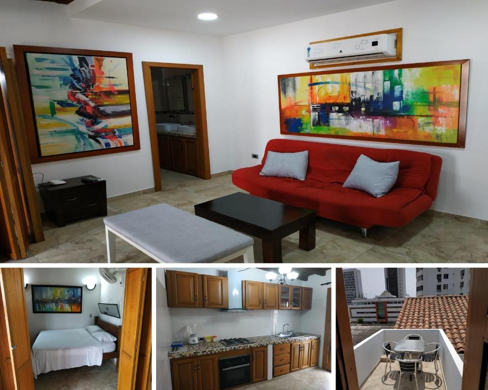 - deux photos d'un salon avec un canapé rouge dans l'établissement APARTAMENTOS DECOR, à Carthagène des Indes