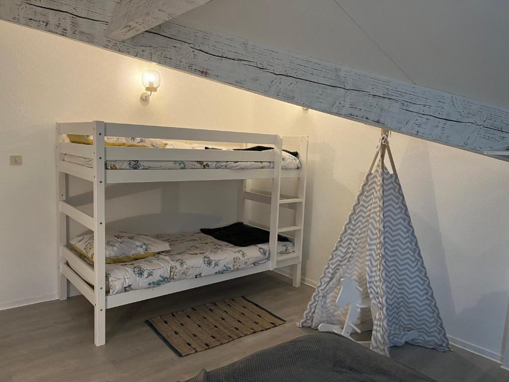 a room with two bunk beds in a room at Maisonnette à 300 m du lac de Biscarrosse in Biscarrosse