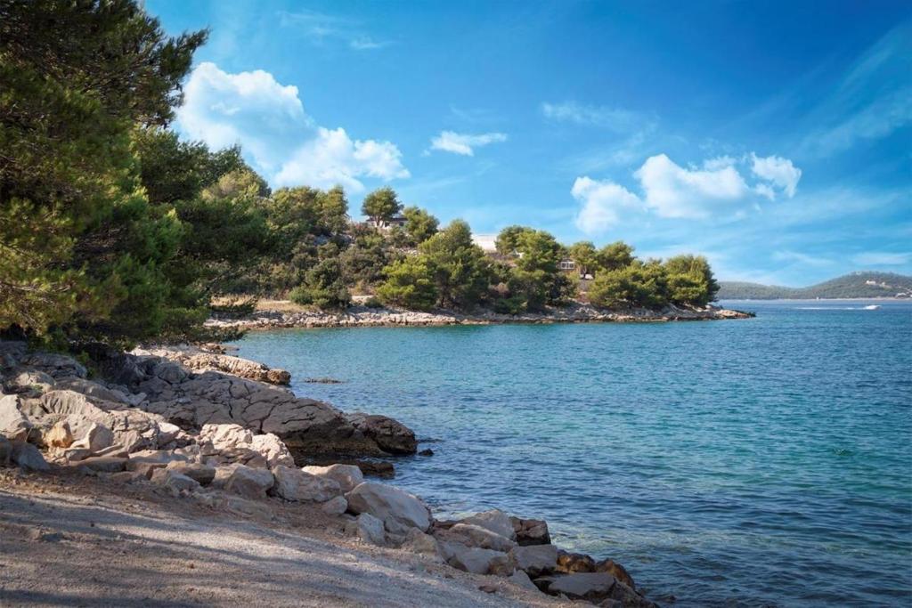 a beach with rocks and trees and a body of water at Mobile Home Sea Shell Šime, Drage in Drage