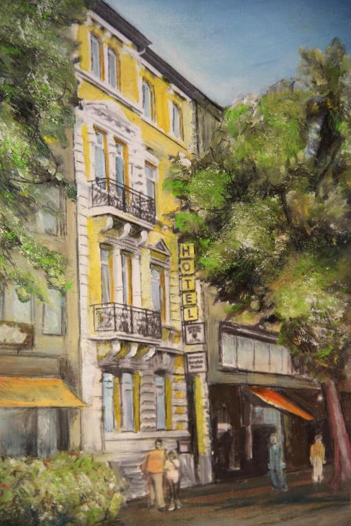 a painting of a yellow building with people standing in front of it at Hotel Kurpfalzstuben in Mannheim