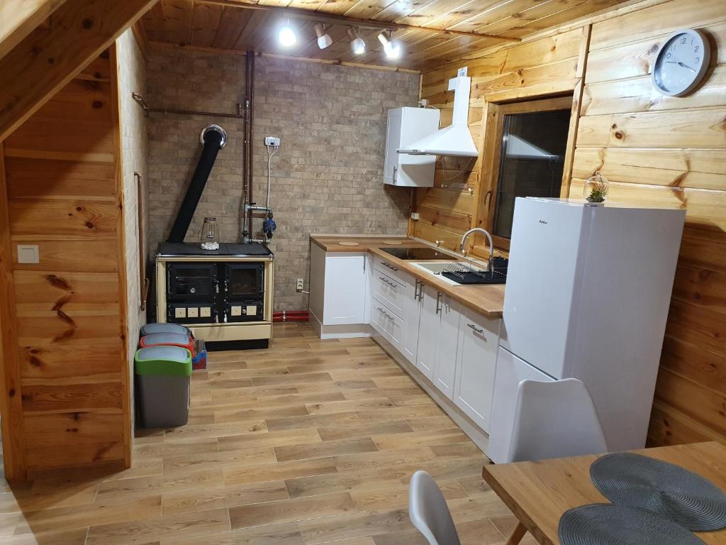 a kitchen with a white refrigerator and a stove at Pod Mareszką in Krempna