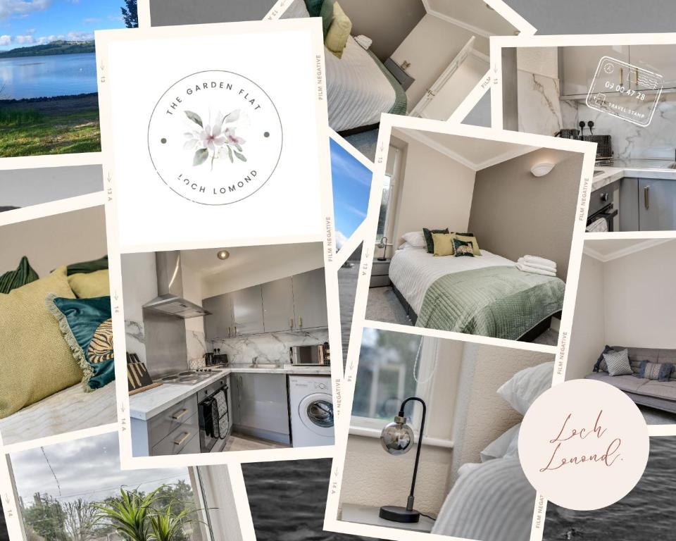 a collage of photos of a beach house with a clock at The Garden Flat, Loch Lomond in Alexandria