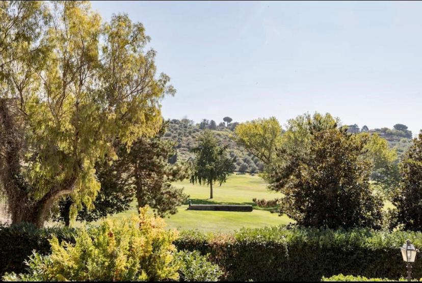 ein Park mit einer Bank und Bäumen auf einem Feld in der Unterkunft Hole 1 - Cozy place on Castelgandolfo Golf Course in Castel Gandolfo