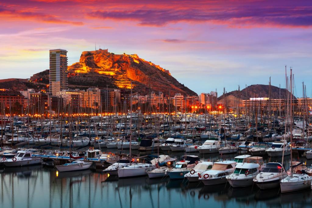 a group of boats in a harbor with a city at Apartamento Alicante Rambla Mercado Central Playa - El Loft del Barrio in Alicante