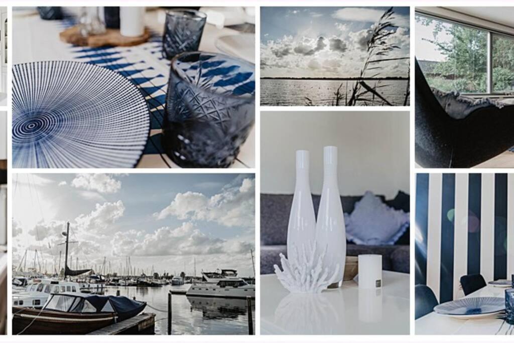 a collage of pictures of a harbor with boats at BEACH Holiday Home op de Veluwe in Ermelo