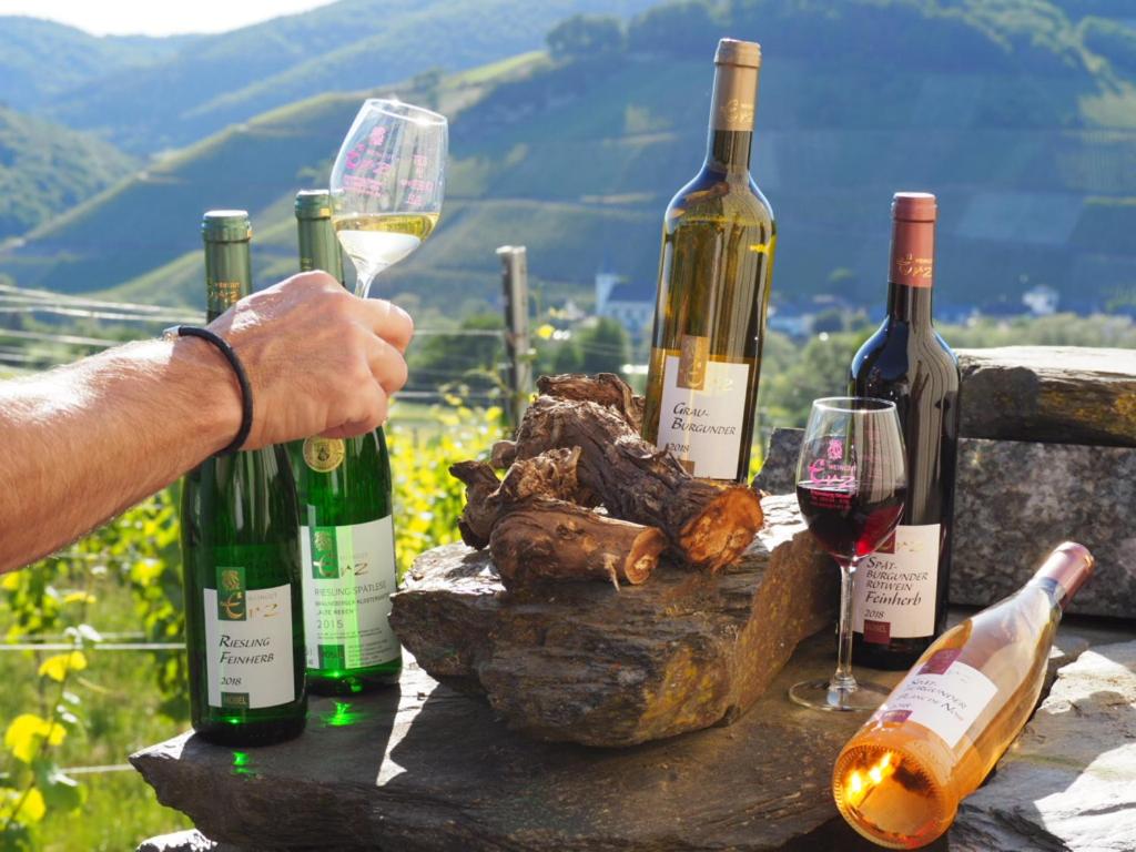 a person holding a glass of wine on a table with wine bottles at Weingut & Gastehaus Andreas Erz in Brauneberg