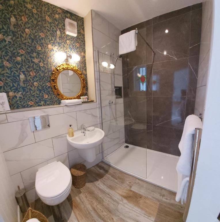 a bathroom with a toilet and a sink and a shower at The Burrows Bed and Breakfast in Pembroke