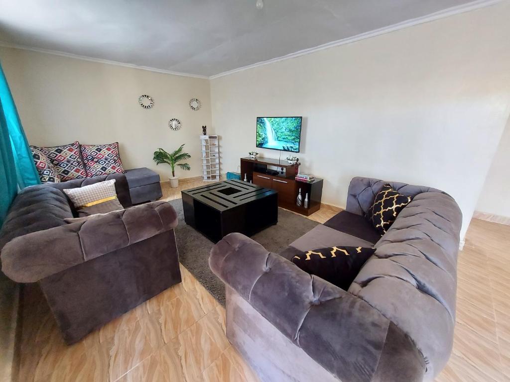 sala de estar con 2 sofás y TV en Jeda Homey Homes, en Bomet