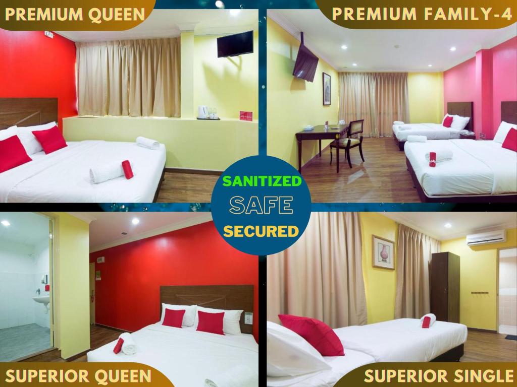 een collage van vier foto's van een hotelkamer bij Hotel Sunjoy9 Bandar Sunway in Petaling Jaya