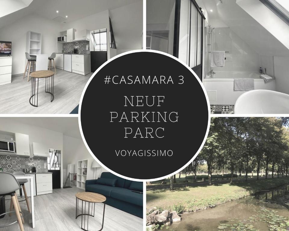亞眠的住宿－Casamara 3 studio au coeur du parc de la Hotoie，厨房和客厅的照片拼合在一起
