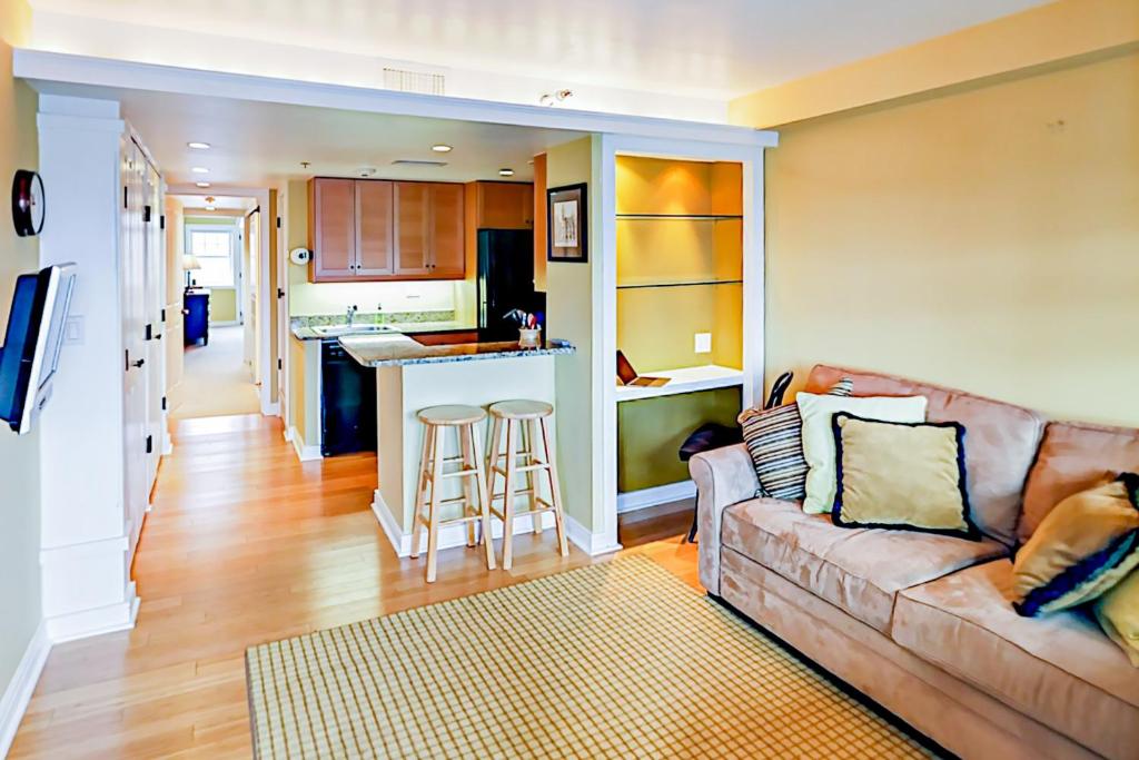 ein Wohnzimmer mit einem Sofa und einer Küche in der Unterkunft Hiawassee E302 in Asheville