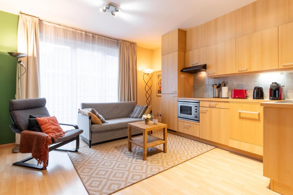 sala de estar con sofá y cocina en Cozy Apartment Brussels Centre, en Bruselas