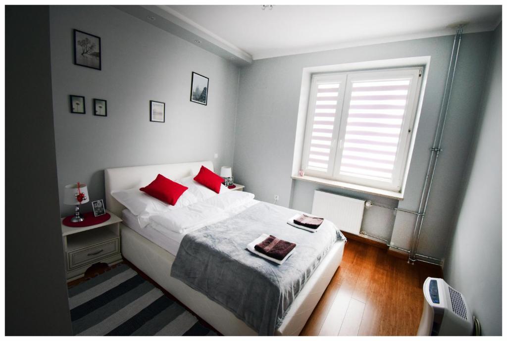 Schlafzimmer mit einem Bett mit roten Kissen und einem Fenster in der Unterkunft Color 24 Apartament IV in Stalowa Wola