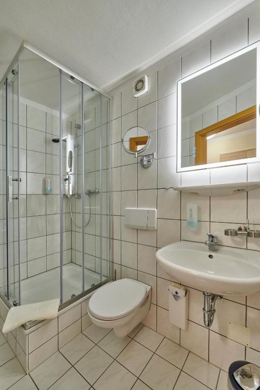 a bathroom with a toilet and a shower and a sink at Hotel Elbparadies in Pirna