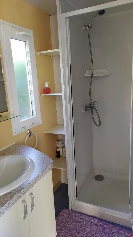 a bathroom with a shower and a sink at mobil-home du lac de Foix in Foix