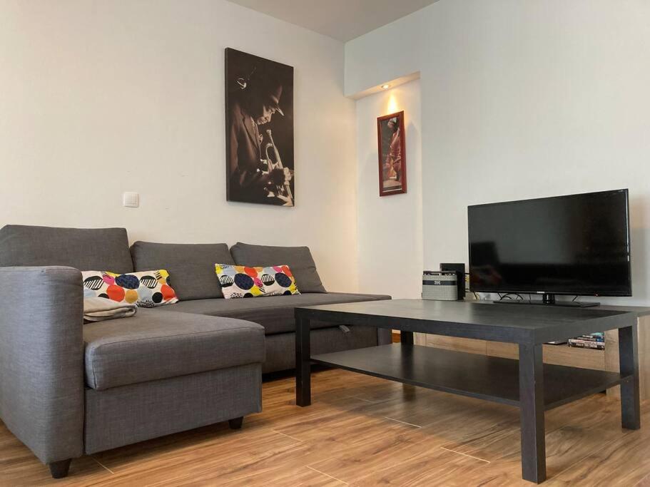 a living room with a couch and a flat screen tv at Appartement spacieux hyper centre Secteur Liberté in Brest