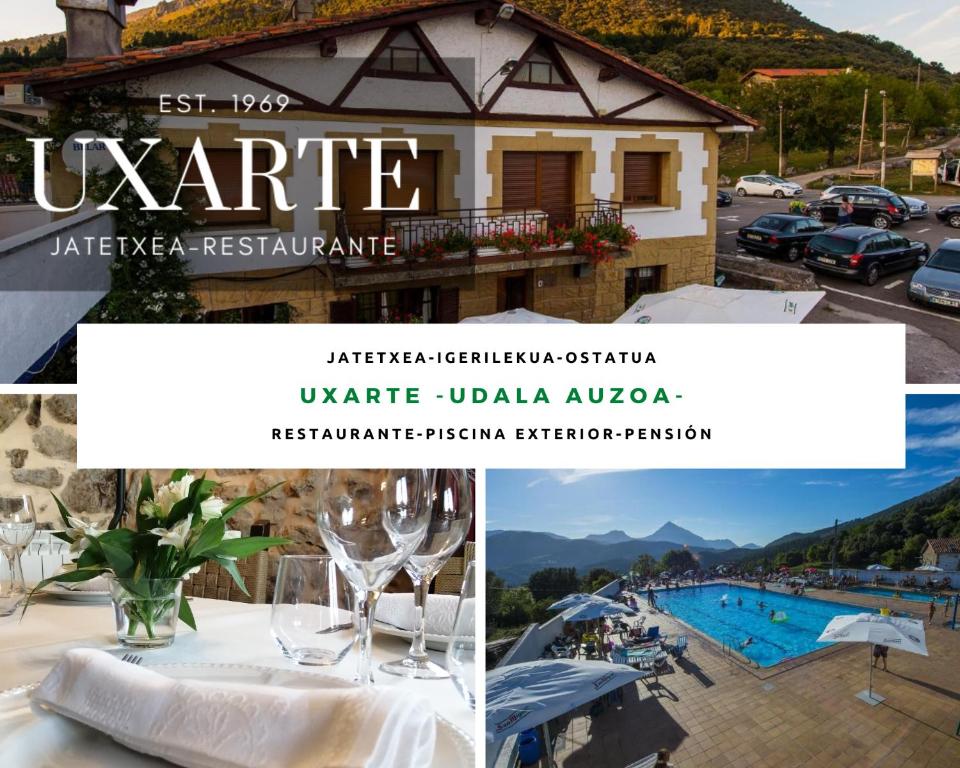 eine Collage mit Fotos eines Hotels mit einem Tisch mit Weingläsern in der Unterkunft Pension Uxarte in Arrasate - Mondragon