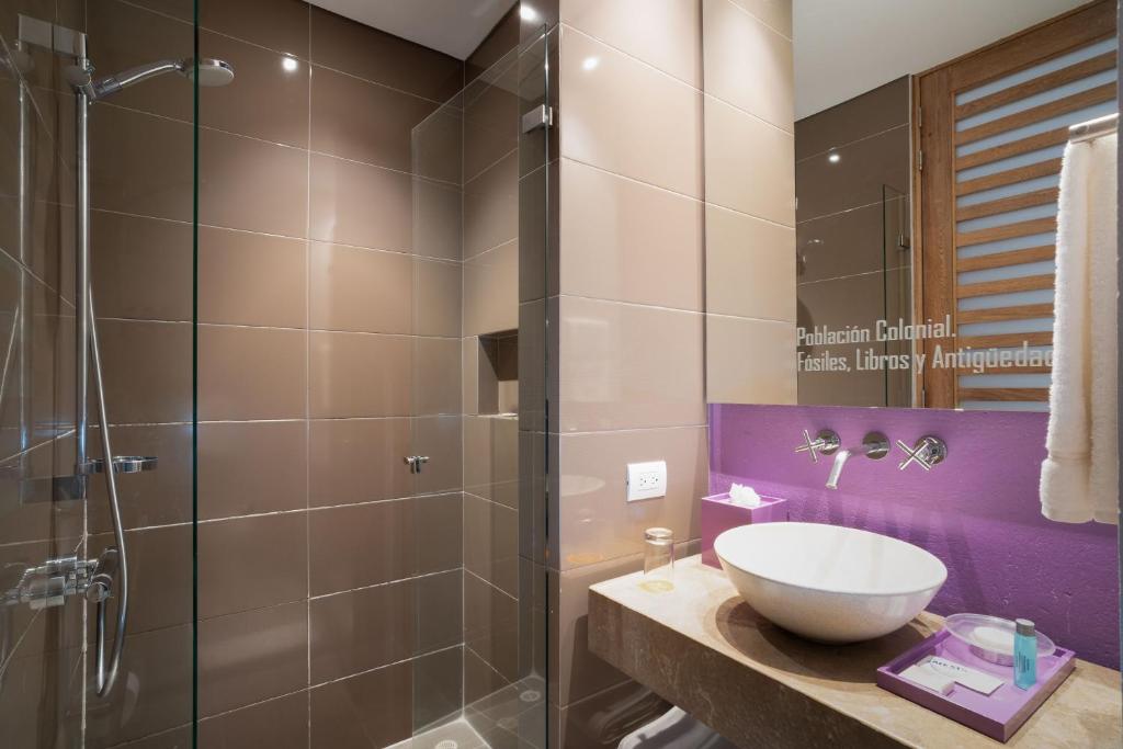 a bathroom with a sink and a shower at Hotel Bari Bucaramanga in Bucaramanga