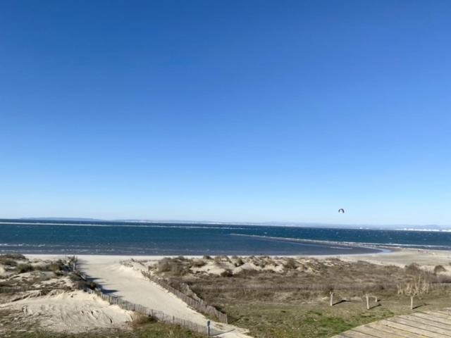 une plage de sable avec l'océan en arrière-plan dans l'établissement AS21543 - P2 double cabine avec double terrasse vue mer et parking privé, au Grau-du-Roi