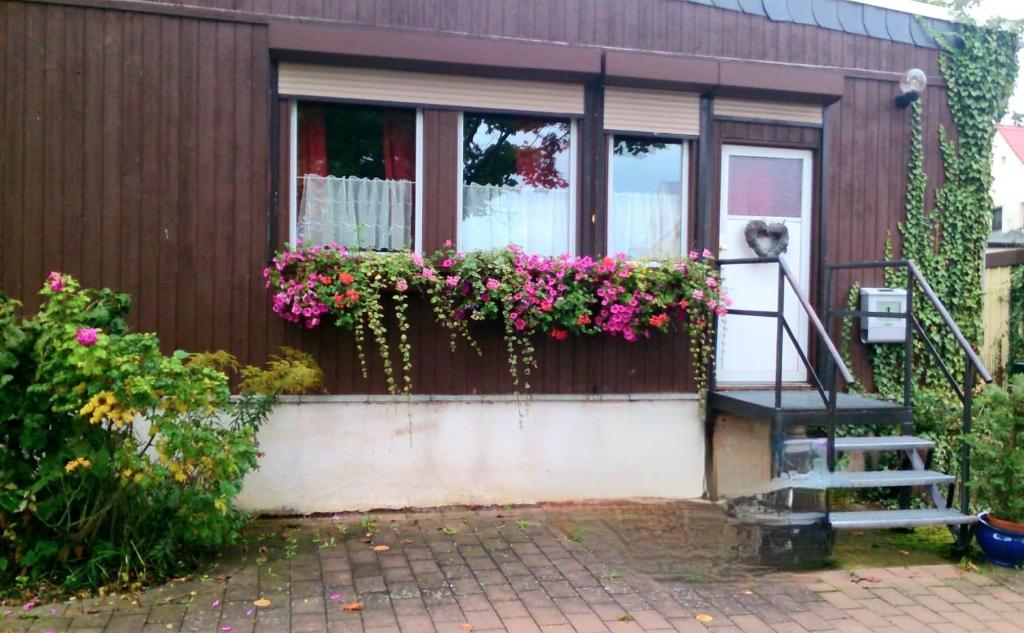 ein Haus mit einem Fenster mit Blumen in einer Fensterbox in der Unterkunft Ferienwohnung Halle/Lettin in Halle an der Saale