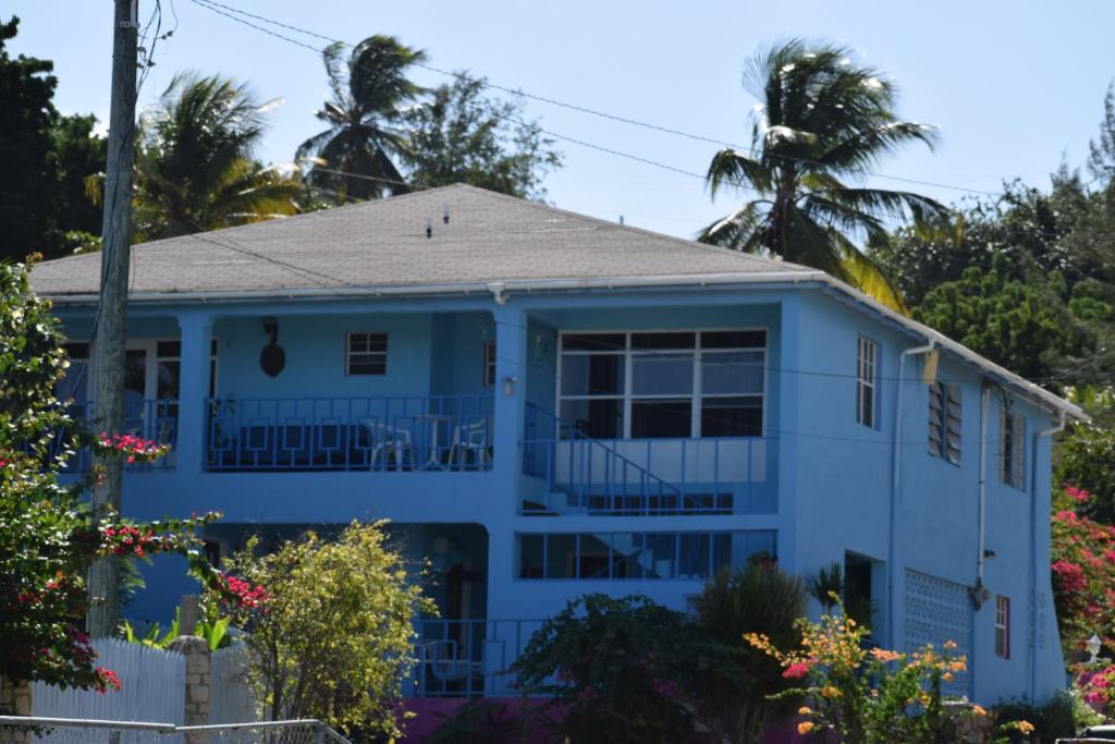 a blue house with a palm tree in the background at Ellen Bay Cottages in Saint Philips