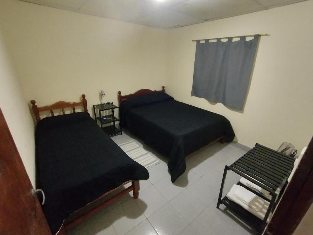 1 dormitorio con 2 camas, silla y ventana en Departamentos Araoz en Salta