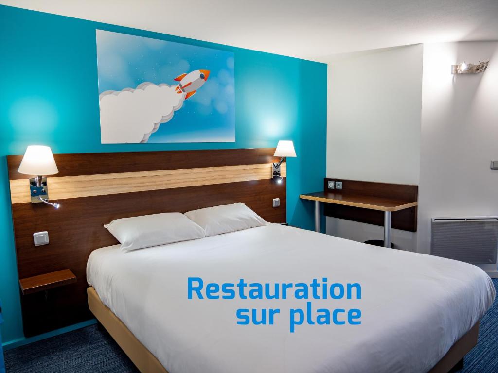 a hotel room with a bed with a sign that reads reservation sur place at Contact Hotel Restaurant La Chaumière Les Mureaux-Flins in Les Mureaux
