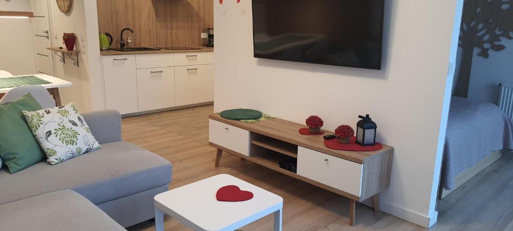 Televízia a/alebo spoločenská miestnosť v ubytovaní Triventi z widokiem na Śnieżkę