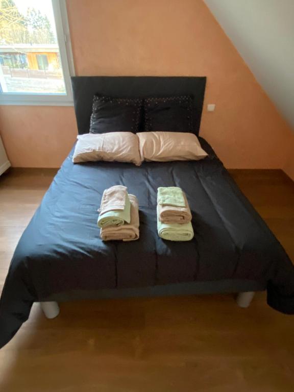 Una cama con dos toallas encima. en Chambre d'hôtes Les Grillons en Olemps