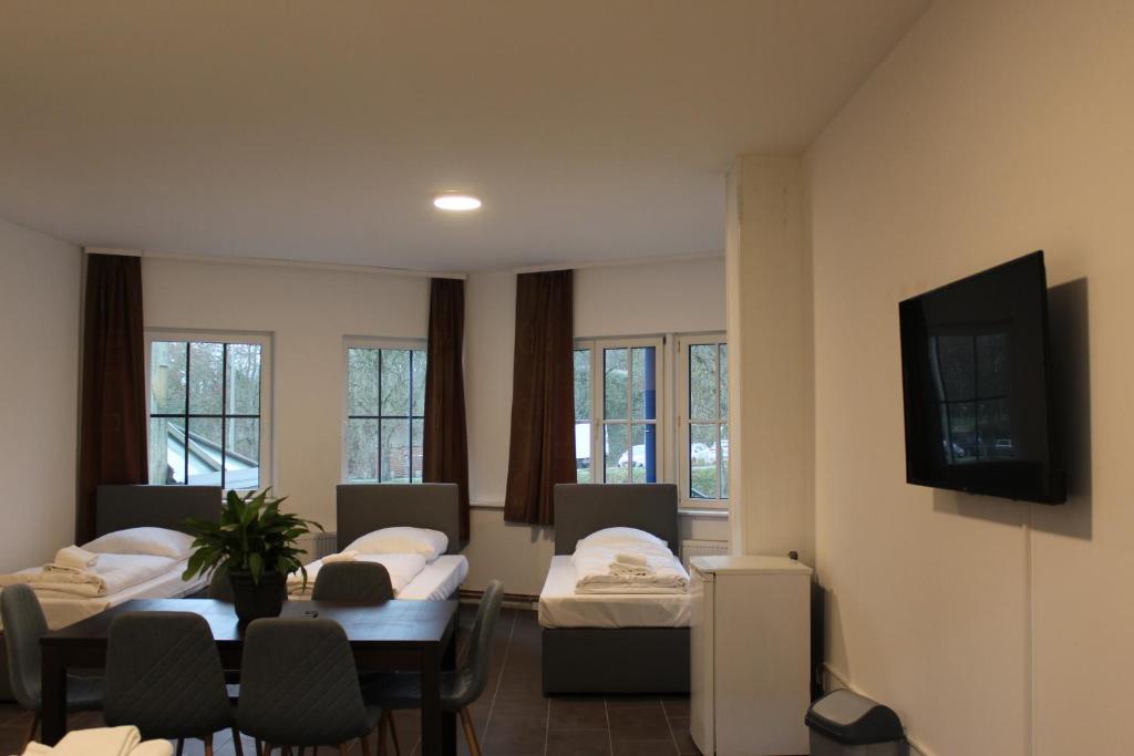 um quarto com duas camas e uma mesa e uma televisão em David's Hostel em Geesthacht