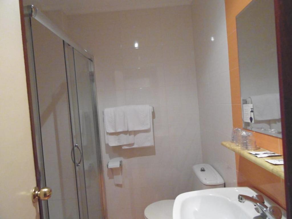 uma casa de banho com um chuveiro, um lavatório e um WC. em Hotel Herbiña em Cambados
