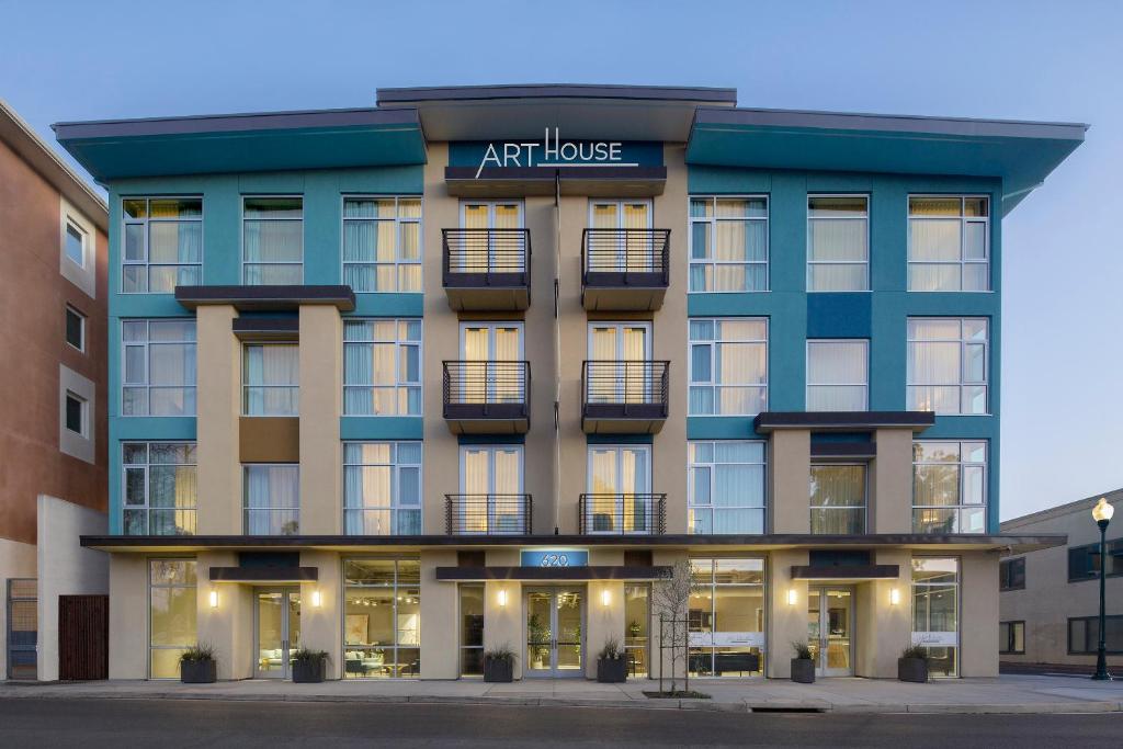 a large building with a large window in front of it at Art House Hotel in Santa Rosa