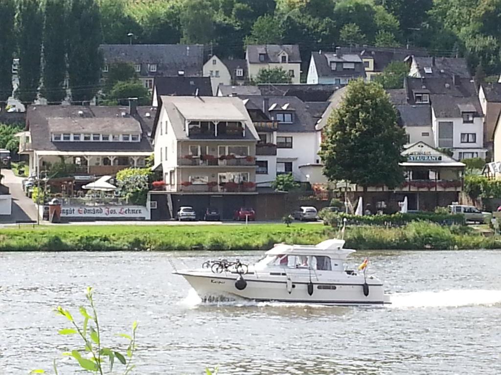 un bateau blanc sur l'eau devant une ville dans l'établissement Ferienhaus An der Mosel, à Zell