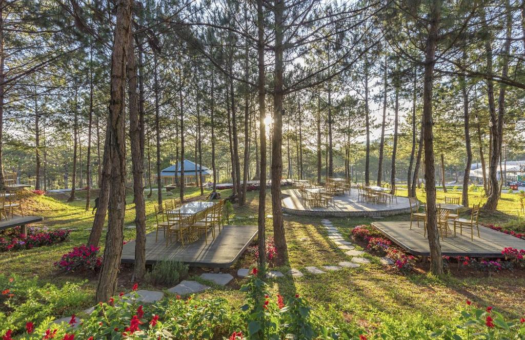 einen Park mit Bänken, Bäumen und Blumen in der Unterkunft Kim Resort - Khu Nghĩ Dưỡng Rừng Lá Kim in Da Lat