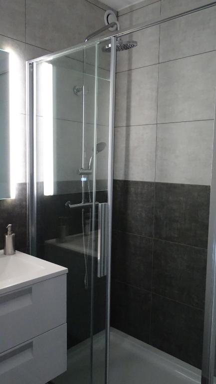 a bathroom with a glass shower with a sink at Côté Grange in Tournai