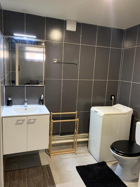 a bathroom with a sink and a toilet and a mirror at Appartement cosy proche Roissy CDG Astérix DisneyLand Paris in Goussainville