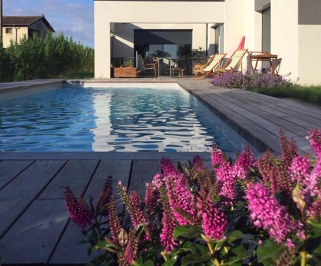 ein Pool mit lila Blumen neben einem Haus in der Unterkunft le moulin blanc in Castelmaurou
