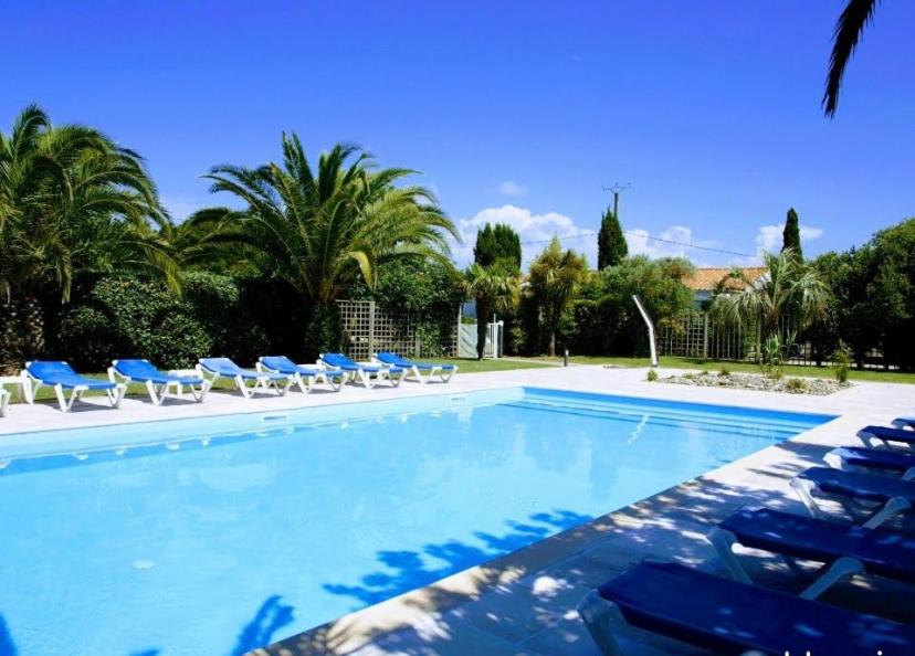 a swimming pool with blue chairs and a bunch of palm trees at ÎLE D OLÉRON Charmante Maison Oléronaise & Piscine chauffée in Saint-Georges-dʼOléron