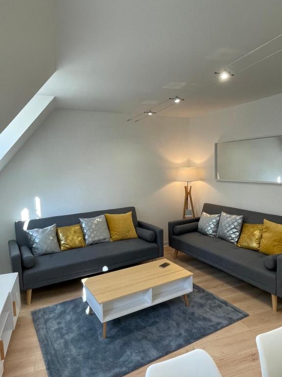 un salon avec deux canapés et une table basse dans l'établissement Appartement tout confort!, à Chartres