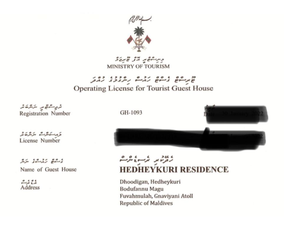 Certifikát, hodnocení, plakát nebo jiný dokument vystavený v ubytování Hedheykuri Residence Fuvahmulah
