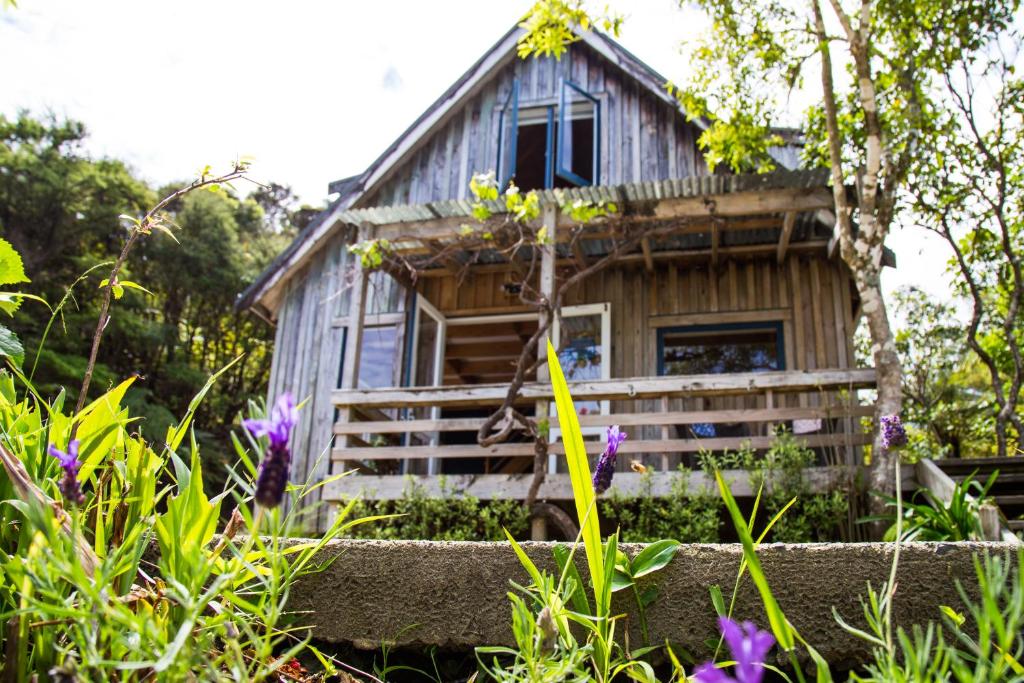 a wooden cabin with flowers in front of it at Fern Lodge Coromandel in Coromandel Town